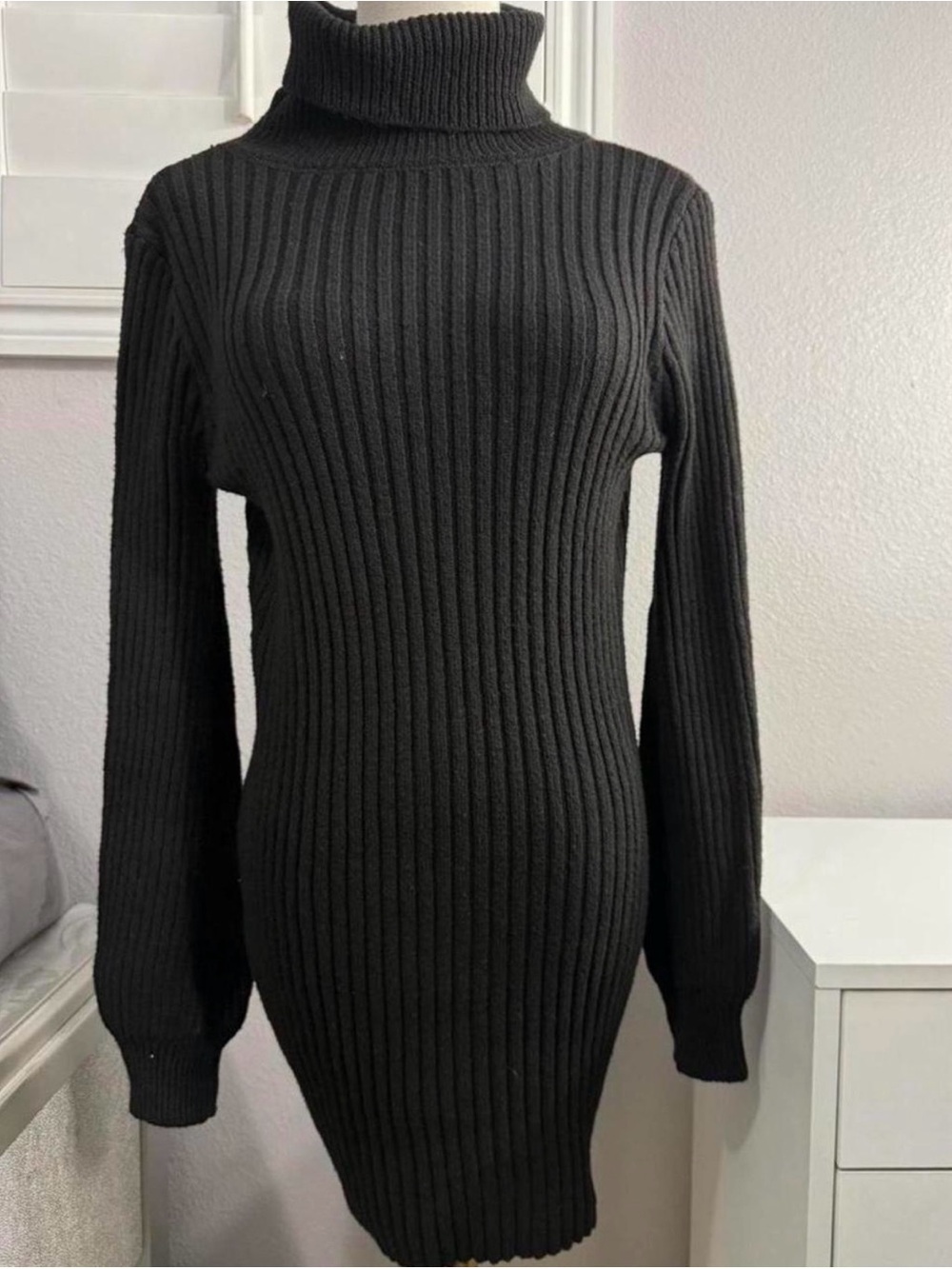 Black Ribbed Turtleneck Long Sleeve Dress